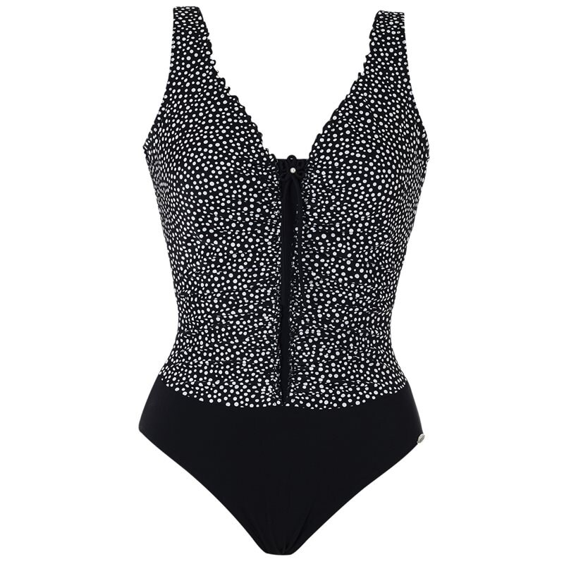 Black swimsuit in white polka dot