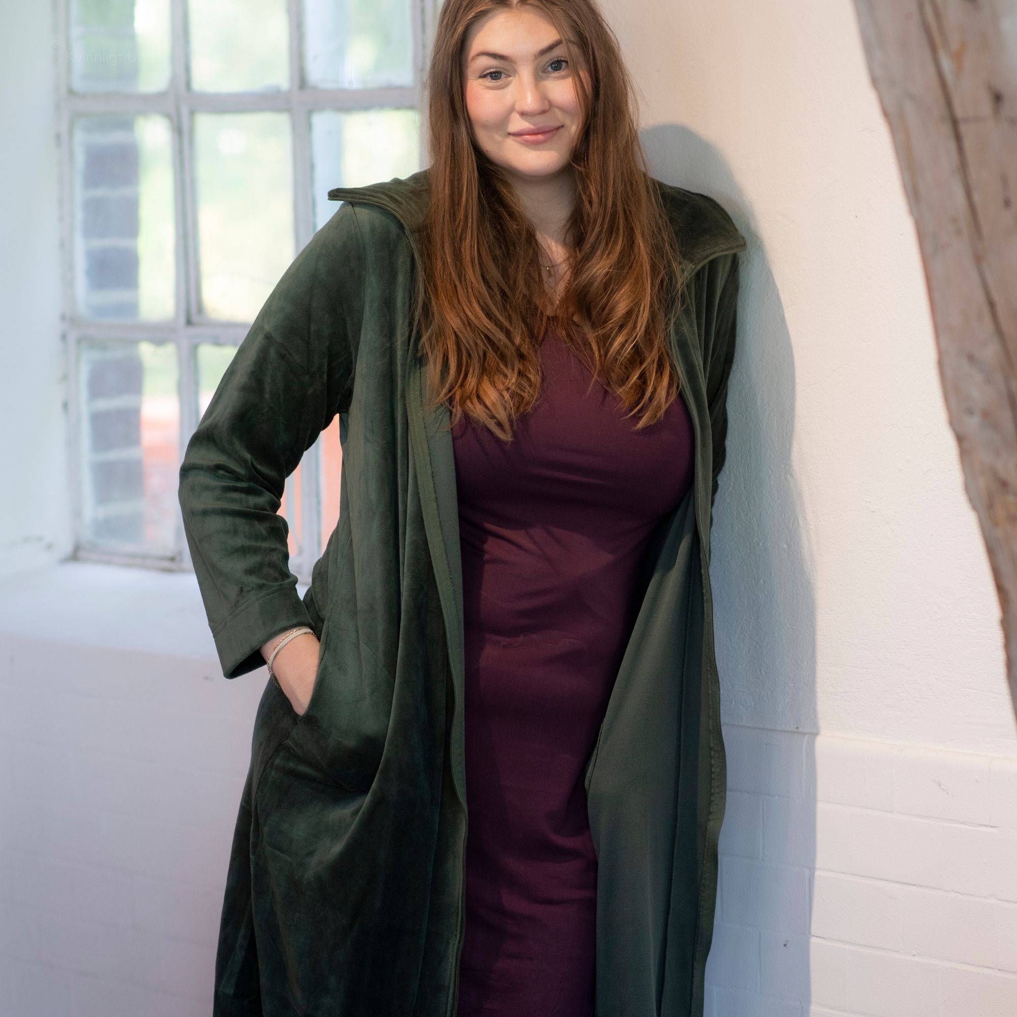 Morgonrock Velour med Blixtlåst Forest green