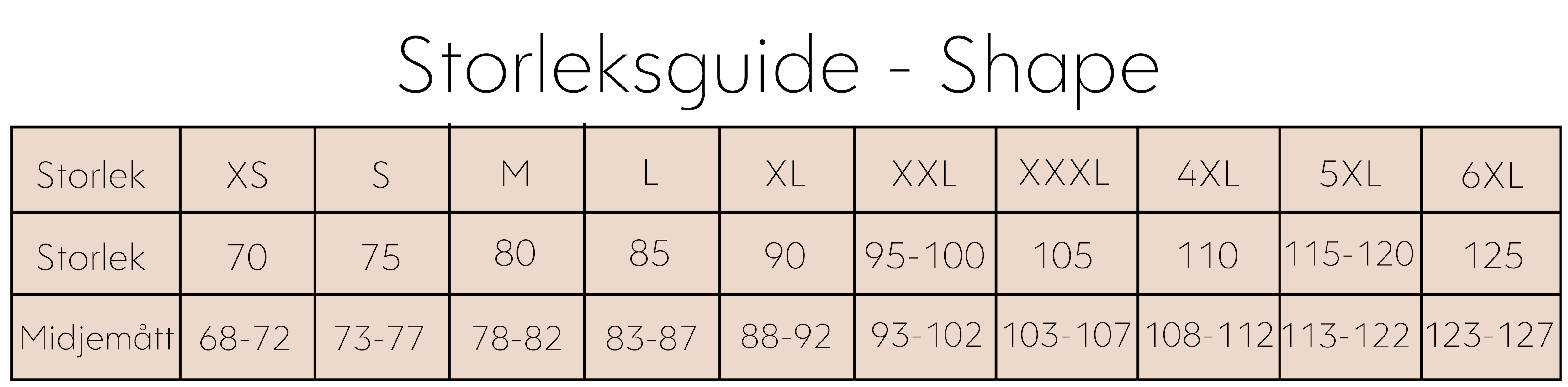 Storleksguide midje mått